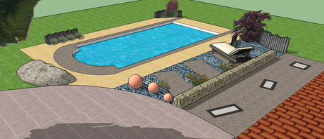 plan d'amenagement paysager d'une plage de piscine ainsi que la terrasse du pool house